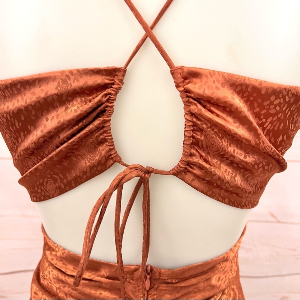Astr Cinched Open Back Satin Copper Rust Floral R… - image 7